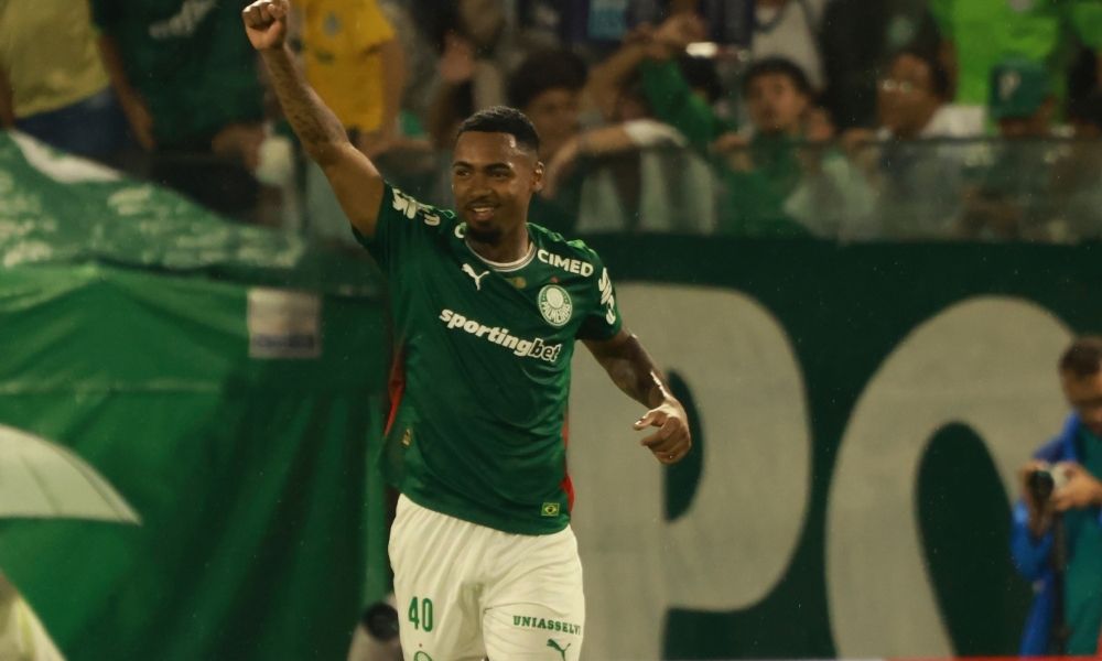 Allan, do Palmeiras, comemora seu gol durante a partida entre Palmeiras e Santos válida pela seg...
